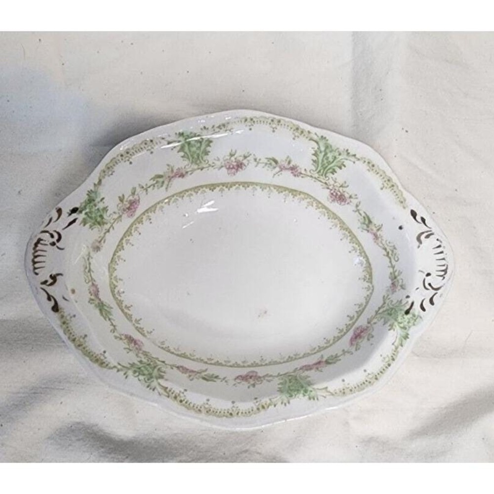 Antique Johnson Bros England Pat's 1900 Small China oval Trinket bowl Gold Trim
